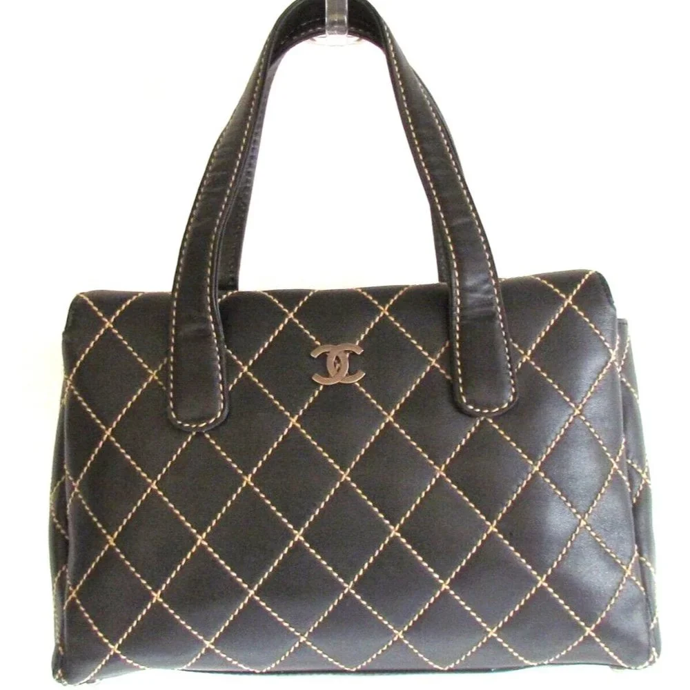 Chanel Wild Stitch Brown Leather Squared Diamond Stitching Top Handle Bag